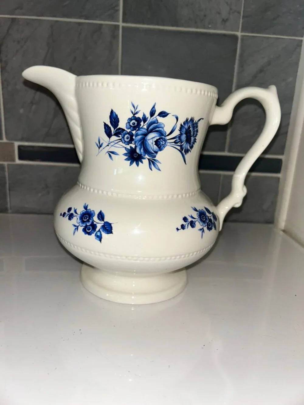Vintage Lord Nelson Pottery Pitcher, England, Blue Floral Jug, 6.5